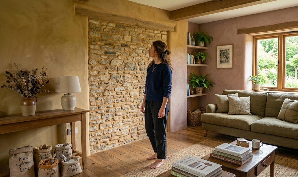 Woman admiring rustic living room with stone wall, wooden floors, and cosy decor, featuring plants and natural light